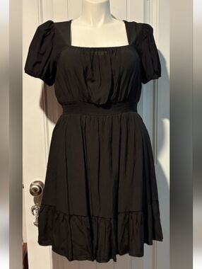 Hesperus Plus Size 2X Stretch Waist Short Sleeve Flowy Black Frills Boho Dress